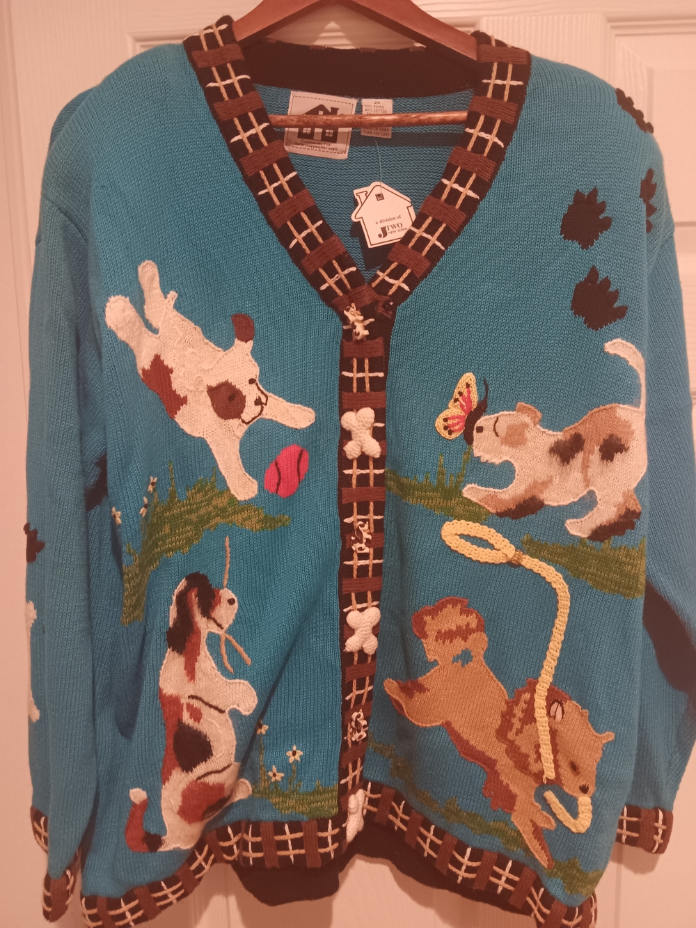 Storybook Knits Turquoise Dog Patch Cardigan with Brown Trim